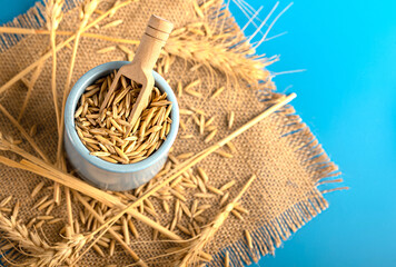 Wall Mural - Wheat grains in a clay jar on a blue background. The symbol of Ukraine. Close-up