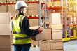 Businesswoman in warehouse. Woman with boxes at logistics center. Businesswoman in reflective vest and safety helmet. Girl in distribution center. Storage shelving blurred. Businesswoman fulfillment