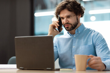 Poster - Mature businessman in formal wear talking on smartphone, enjoying conversation at workplace, copy space