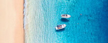 Mediterranean Sea. Seascape With Boats. Aerial View Of Floating Boat On Blue Sea At Sunny Day. Top View From Drone At Beach And Azure Sea. Travel And Vacation Image