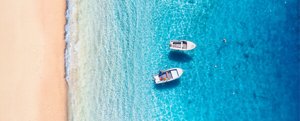 Wall Mural - mediterranean sea. seascape with boats. aerial view of floating boat on blue sea at sunny day. top v