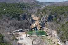 Aerial View Turner Falls On Honey Creek In The Arbuckle Mountains Of South-central Oklahoma. A 77 Feet Waterfall Considered Oklahoma's Tallest Waterfall