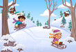 Cartoon children sledding in the park with snow. Kids on sleigh. Winter nature landscape.
