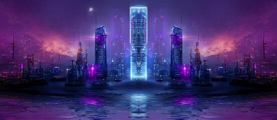 night city, neon lights of the metropolis. reflection of neon lights in the water. modern city with 