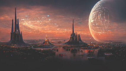 Wall Mural - abstract futuristic landscape with the city of the future, meta universe. futuristic city, sunset. p