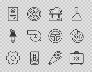 Poster - Set line Gear, Toolbox, Repair car on lift, Online services, Auto check automotive, Automotive turbocharger, Timing belt kit and Car brake disk with caliper icon. Vector