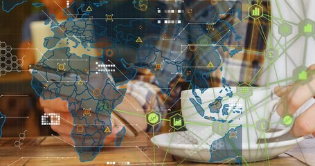Poster - Animation of network of connections and world map over person drinking coffee and using smartphone