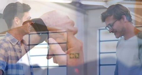 Poster - Animation of person using smartwatch over group of business people