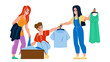 Clothes Swap Party Enjoying Young Women Vector. Girls Resting On Swap Party And Exchanging Fashion Textile Clothing. Characters Happiness Ladies Leisure Time Together Flat Cartoon Illustration