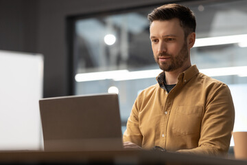 Poster - Businessman Working Online Using Laptop Computer Sitting In Modern Office