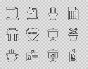 Sticker - Set line Coffee cup, Identification badge, Cactus and succulent in pot, Table lamp, Heart with text work, Chalkboard diagram and Plant icon. Vector