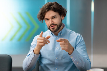 Poster - Portrait of serious mature businessman pointing fingers to camera at modern company office, choosing worker