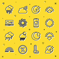 Poster - Set line Cloud with moon, Sunset, Moon and stars, Tornado, Weather forecast, rain and icon. Vector