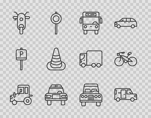 Sticker - Set line Tractor, Minibus, Bus, Police car and flasher, Scooter, Traffic cone, Car and Bicycle icon. Vector