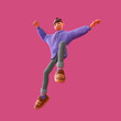 Leinwandbild Motiv Young tall cute excited funny smiling сasual asian active brunette guy wears fashion clothes blue hoodie, gray jeans, brown sneakers jump up in air have fun, rejoice, joy. 3d render on pink backdrop.