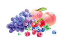 フレッシュな3種のベリーと桃、葡萄の水彩イラスト。ラズベリー、ストロベリー、ブルーベリー、ミント、桃、葡萄の集合。
（ベクター。レイアウト変更可能）