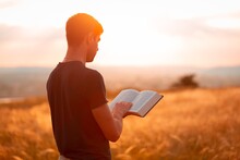 Human Praying On The Holy Bible In A Field During Beautiful Sunset.