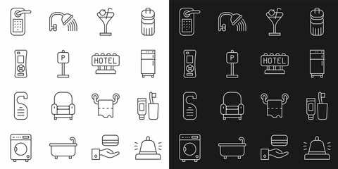 Sticker - Set line Hotel service bell, Toothbrush and toothpaste, Refrigerator, Martini glass, Parking, Remote control, Digital door lock and Signboard with text icon. Vector