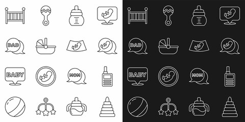 Sticker - Set line Pyramid toy, Baby Monitor Walkie Talkie, bottle, stroller, Speech bubble dad, crib cradle and Ultrasound of baby icon. Vector