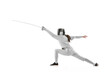 Dynamic portrait of female fencer in sports costume with rapier in hand training isolated on white background. Sport, youth, healthy lifestyle, achievements.