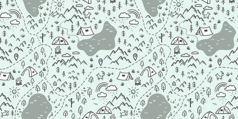 Wall Mural - cute hand drawn vector seamless pattern with camping doodles, tents, landscape and trails, great for