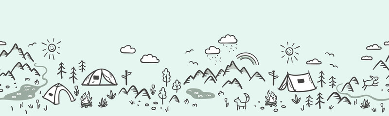 Wall Mural - cute hand drawn vector seamless pattern with camping doodles, tents, landscape and trails, great for
