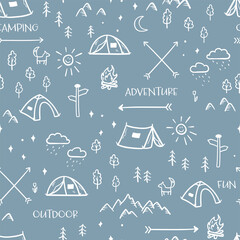 Wall Mural - cute hand drawn vector seamless pattern with camping doodles, tents, landscape and trails, great for
