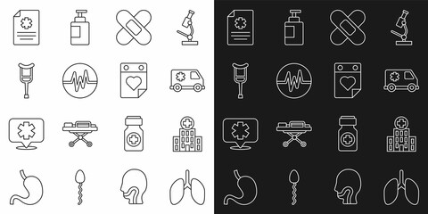 Sticker - Set line Lungs, Medical hospital building, Emergency car, Crossed bandage plaster, Heart rate, Crutch or crutches, Clinical record and Doctor appointment icon. Vector