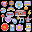 Set of trendy retro stickers with smile faces and 90s elements patches on a black background. Funky, hipster retrowave stickers in geometric shapes. Vector illustration of 70s groove elements.