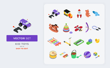 Fototapete - various cute children's toys for little boys and girls isometric vector isolated set