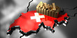 Switzerland map and flag, gold ingots - 3D illustration