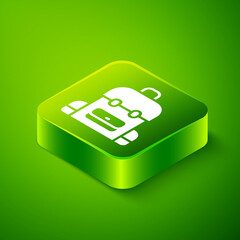 Wall Mural - Isometric School backpack icon isolated on green background. Green square button. Vector