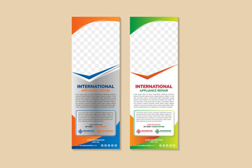 Poster - International appliance repair vertical banner post template design with an image and text placement, professional eye catchy colorful design. Standard for web banners and social media, vector