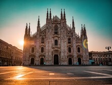 Panoramic View Of Piazza Del Duomo ,Cathedral Square At Sunrise, Milan, Italy
