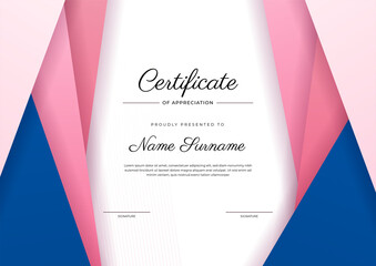 Modern elegant blue and pink certificate of achievement template with badge and border. Designed for diploma, award, business, university, school, and corporate.