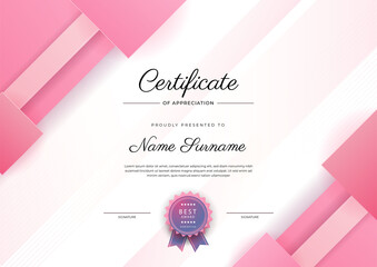 Wall Mural - Modern elegant blue and pink certificate of achievement template with badge and border. Designed for diploma, award, business, university, school, and corporate.