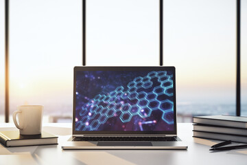 Poster - Modern computer monitor with technology hologram with hexagon. Research and development software concept. 3D Rendering