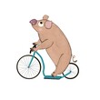 Print with cute pink pig on bicycle. Illustration with Farm animal on white background. Illustration for kids design, textile, fabric, wallpapers, nursing, paper, books, toys.