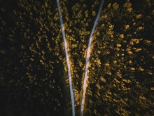 Mesmerizing Aerial Drone Shot Of Two Roads Separated By Trees In Lower Austria
