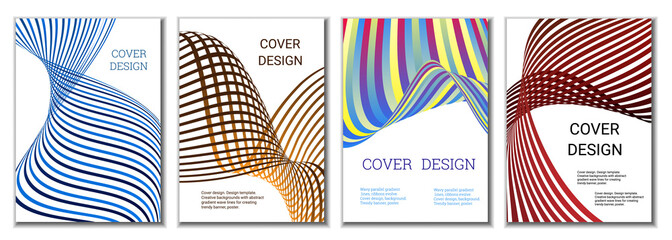 A set of 4 abstract covers. Wavy parallel gradient lines, ribbons evolve. Cover design, background. Trendy banner, poster.