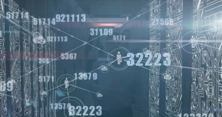 Poster - Animation of data processing and icons over cityscape