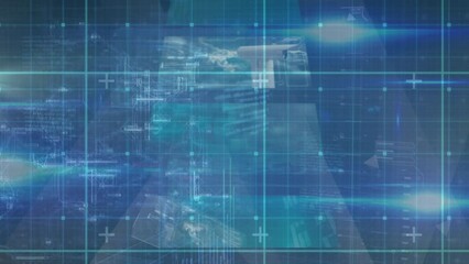 Poster - Animation of black particles forming helix over processing data on green grid