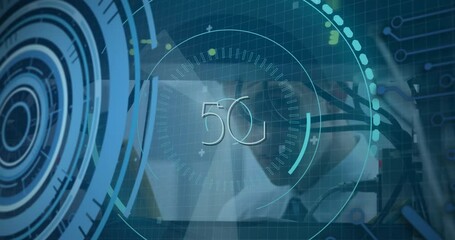 Poster - Animation of processing circle and binary code over hands of caucasian male doctor writing on clipbo