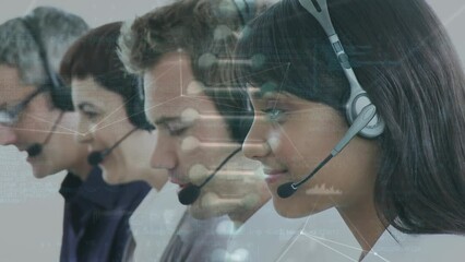 Poster - Animation of globe and animation animation over business people using phone headsets