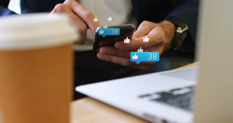 Poster - Animation of media icons over caucasian businessman using smartphone