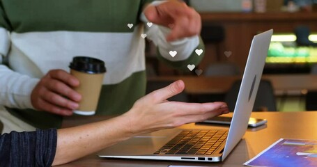 Poster - Animation of media icon over caucasian businesswoman using laptop
