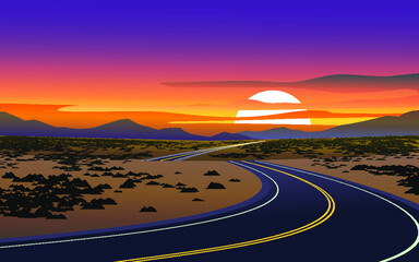 Wall Mural - Desert road sunset landscape illustration