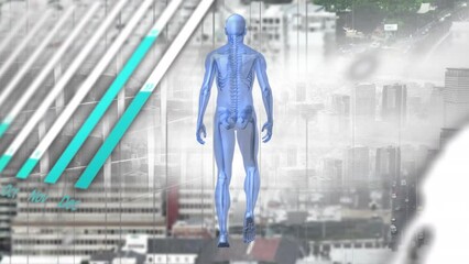 Poster - Animation of financial data processing and human body model over cityscape