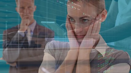 Poster - Animation of financial data processing over two caucasian business people