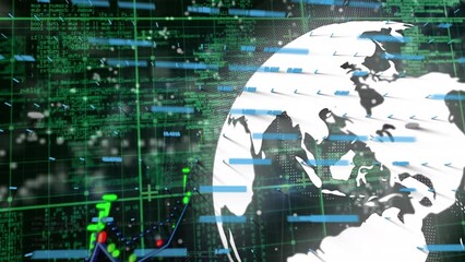 Poster - Animation of graphs, icons, globe and data processing on black background